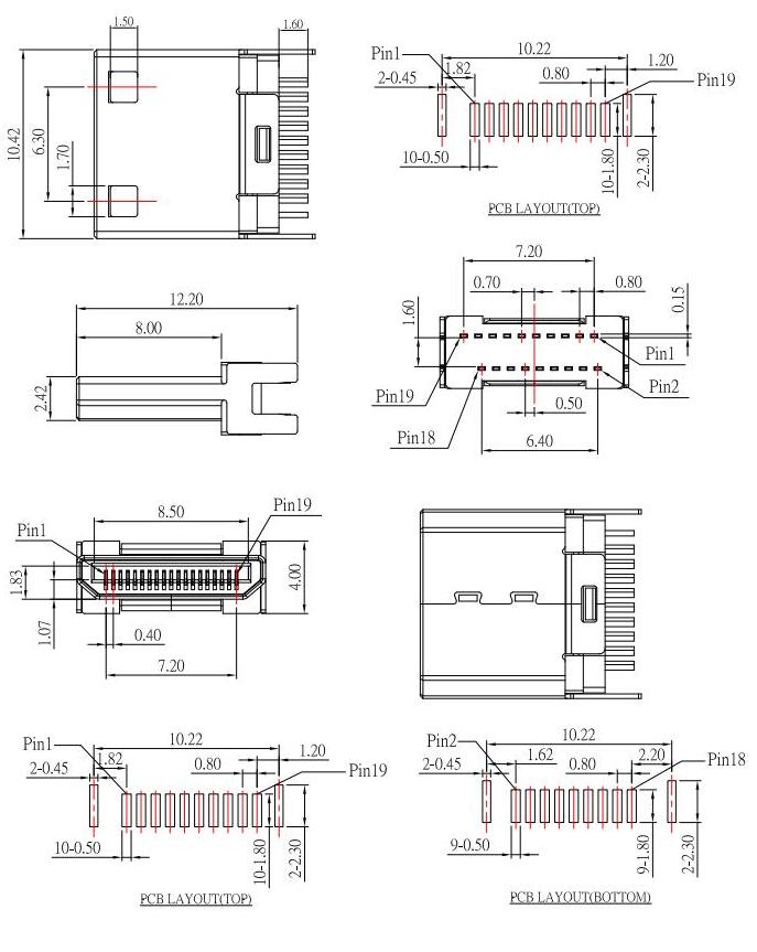 HDMI-C-3 ,HDMI JACK C TYPE ,公頭HDMI夾板式，HDMI plug規格圖